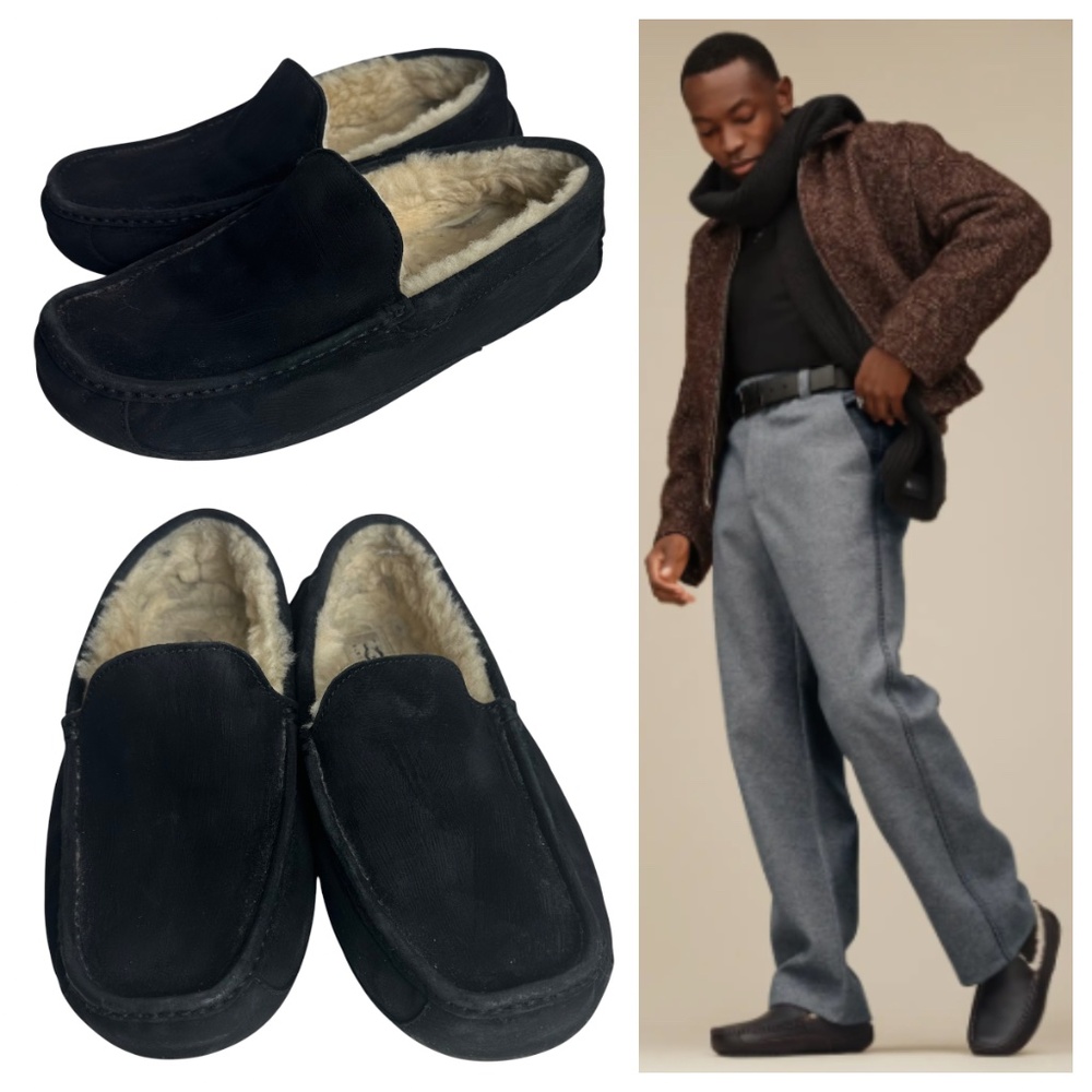 UGG Ascot Slippers Loafers Shoes Mocs Mens Sz 10 Black Suede Sheepskin Lined